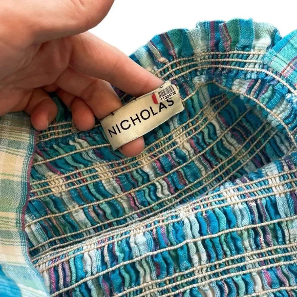 Nicholas Blue Checked Smocked Apron Midi Dress 2 - Picture 6 of 9